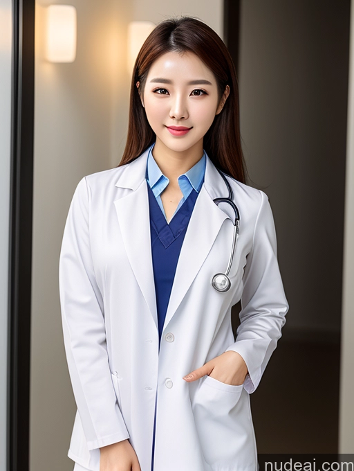 ai nude image of arafed woman in a white lab coat standing in a hallway pics of Korean Perfect Boobs Doctor