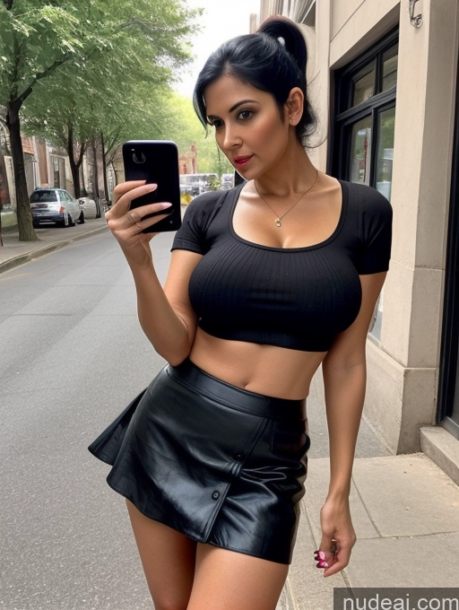 ai nude image of araffe woman in a black top and black leather skirt holding a cell phone pics of Milf Perfect Boobs 30s Seductive Black Hair Pigtails Indian Mirror Selfie Street Front View Micro Skirt Shirt