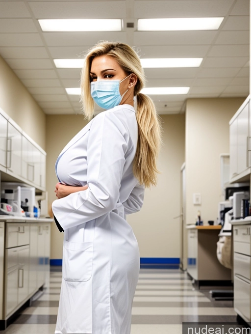 ai nude image of arafed woman in a lab coat and face mask standing in a room pics of Model Busty Perfect Boobs Small Tits Big Ass Blonde Hospital Face Mask Lab Coat Ponytail Cleavage Plank