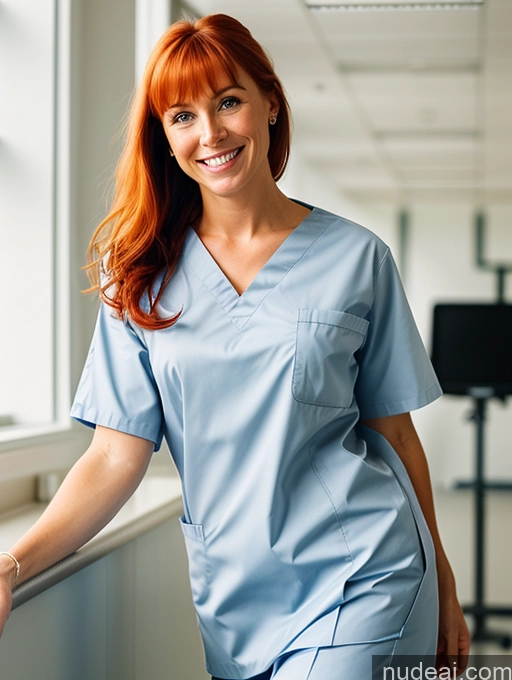 ai nude image of smiling woman in blue scrubs leaning on railing in hospital hallway pics of Woman Muscular Beautiful 20s Happy Ginger Bangs Irish Film Photo Hospital Front View Nurse Detailed