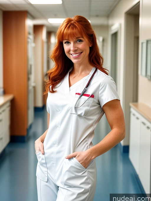 ai nude image of smiling woman in white uniform standing in a hospital hallway pics of Woman Muscular 20s Happy Ginger Bangs Irish Film Photo Hospital Front View Nurse Detailed