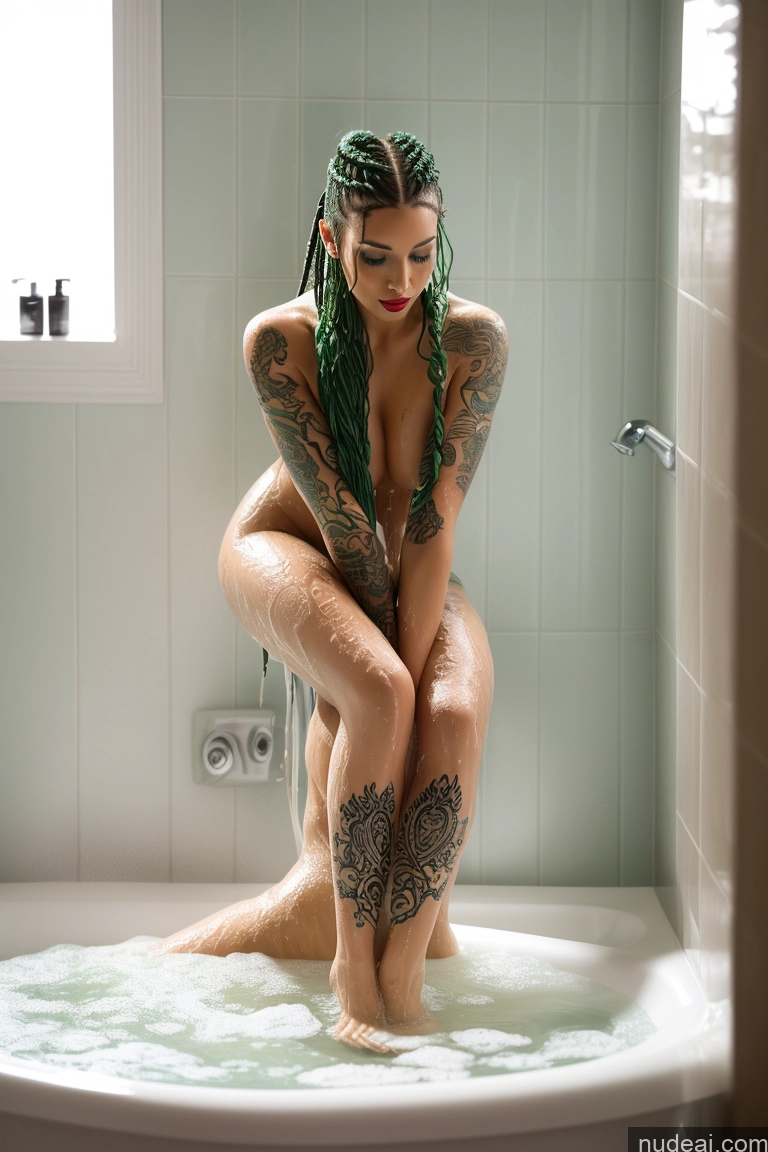 related ai porn images free for Model One Tattoos Lipstick Perfect Body Green Hair Braided Shower Bathing Nude Back View