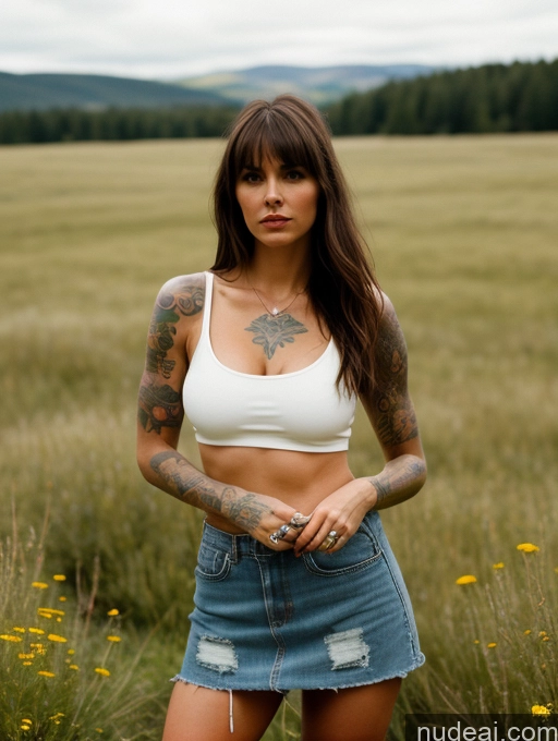 ai nude image of arafed woman with tattoos standing in a field of grass pics of Woman Perfect Boobs Beautiful One Tattoos Perfect Body 30s Serious Brunette Bangs British Film Photo Meadow Front View Boots Tank Top Mini Skirt