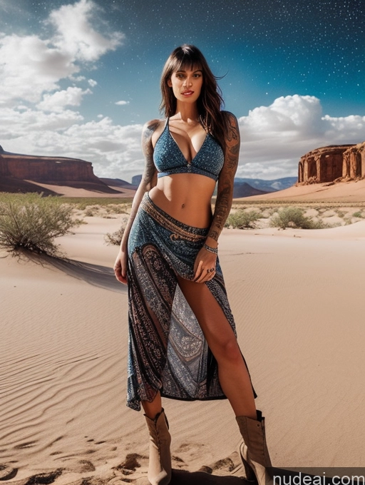 ai nude image of arafed woman in a blue bikini and skirt standing in the desert pics of Woman Perfect Boobs Beautiful One Tattoos Perfect Body 30s Serious Brunette Bangs British Front View Boots Tank Top Crop Top Oasis Long Skirt Stargazing