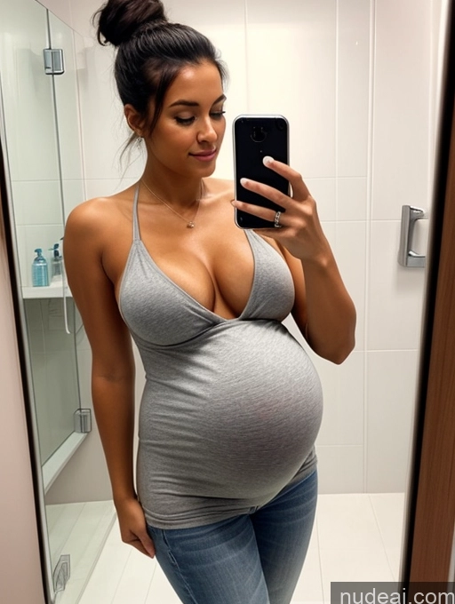 ai nude image of pregnant woman taking a selfie in a bathroom mirror pics of Woman One Perfect Boobs Perfect Body Pubic Hair Tanned Skin 18 Black Hair Hair Bun Stylish Detailed Spanish Pregnant Bathroom Front View Mirror Selfie