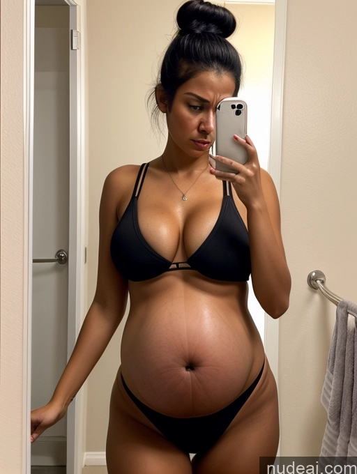 ai nude image of pregnant woman in black bikini taking selfie in bathroom mirror pics of Woman One Perfect Boobs Perfect Body Pubic Hair Tanned Skin 18 Black Hair Hair Bun Stylish Detailed Spanish Pregnant Bathroom Front View Mirror Selfie Angry