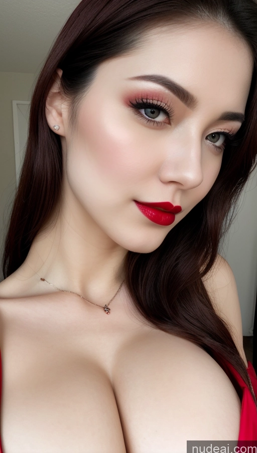 ai nude image of a close up of a woman with a red dress and red lipstick pics of Beautiful Lipstick Huge Boobs Fairer Skin 20s Sexy Face Seductive Slicked Korean Close-up View Devil Bright Lighting Soft + Warm