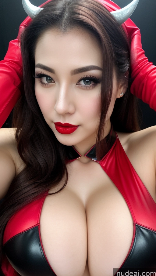 ai nude image of araffe dressed in a red and black outfit with horns pics of Beautiful Lipstick Huge Boobs Fairer Skin 20s Sexy Face Seductive Slicked Korean Close-up View Devil Bright Lighting Painting