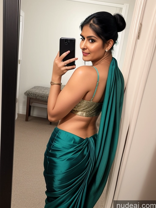 ai nude image of there is a woman taking a picture of herself in a mirror pics of Woman Perfect Boobs Beautiful Big Ass Thick Big Hips Fairer Skin 30s Sexy Face Black Hair Sari Russian Ponytail Mirror Selfie Cleavage