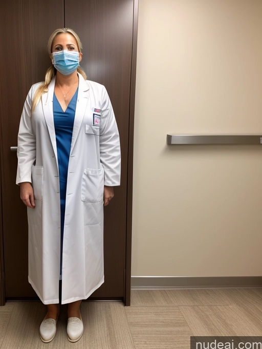 ai nude image of arafed woman in a lab coat and face mask standing in a hallway pics of Milf Busty Perfect Boobs Beautiful Big Ass Perfect Body Pubic Hair Blonde Ponytail Hospital T-pose Doctor Face Mask Lab Coat Cleavage