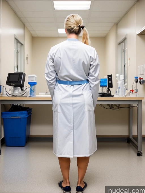 ai nude image of there is a woman in a lab coat standing in front of a counter pics of Milf Busty Perfect Boobs Beautiful Big Ass Perfect Body Pubic Hair Blonde Ponytail Hospital T-pose Doctor Face Mask Lab Coat Cleavage Back View