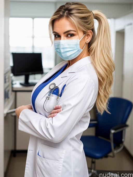 ai nude image of arafed female doctor in a white coat and blue scrub suit pics of Milf Busty Perfect Boobs Beautiful Big Ass Perfect Body Pubic Hair Blonde Ponytail Hospital Doctor Face Mask Lab Coat Cleavage Create An Open Vagina Close-up View