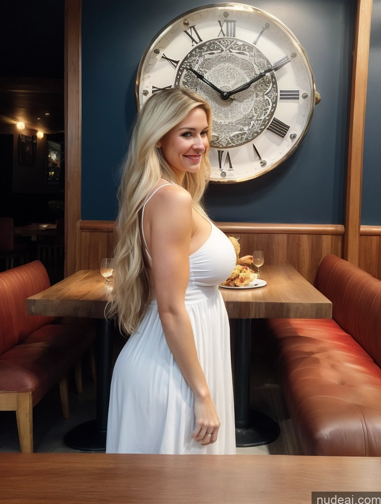 ai nude image of blonde woman in white dress standing in front of a large clock pics of Woman One Huge Boobs Beautiful Skinny Big Ass Big Hips Perfect Body Fairer Skin 30s Blonde Long Hair White Dark Lighting Surrealist Front View Sundress Happy Eating Dress Restaurant