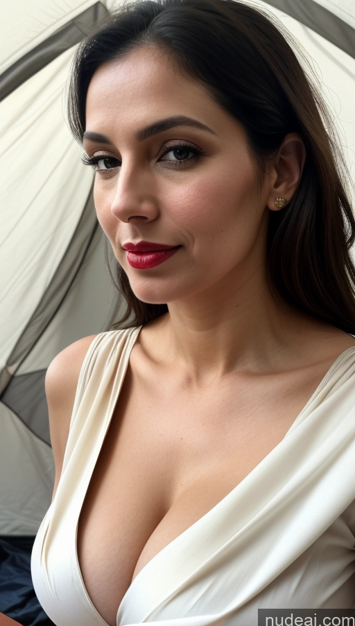 ai nude image of araffe woman in a white dress holding an umbrella pics of Woman One Huge Boobs Beautiful Lipstick Fairer Skin 40s Black Hair Sari Cleavage Simple White Close-up View Tent Blouse