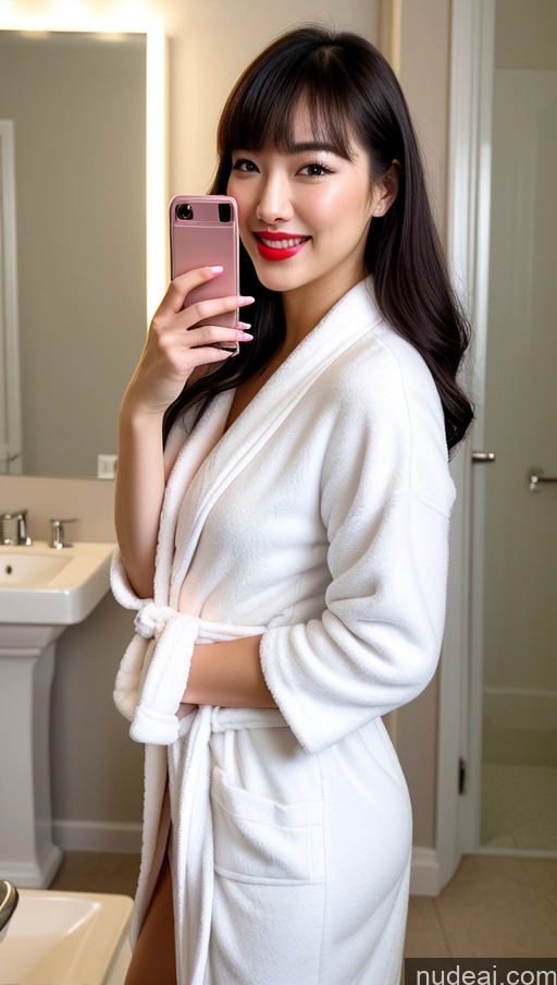 ai nude image of arafed woman in a robe taking a selfie in a bathroom pics of Woman One Beautiful Short Fairer Skin 20s Happy Pouting Lips Sexy Face Black Hair Mirror Selfie Bathroom Front View Bathrobe Bright Lighting Detailed Chubby Bangs Laughing Korean Small Tits Skinny Big Ass