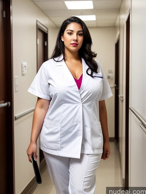 ai nude image of arafed woman in white scrub suit walking down a hallway pics of Woman One Huge Boobs Lipstick Big Ass Chubby Fat Big Hips Fairer Skin 18 Black Hair Long Hair Persian Soft + Warm Hospital Front View Doctor