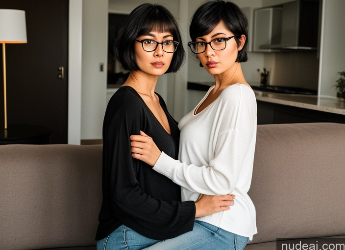 ai nude image of two women sitting on a couch in a living room pics of Woman Two Beautiful Glasses 30s Angry Black Hair Short Hair Indonesian Casual Cleavage Couch