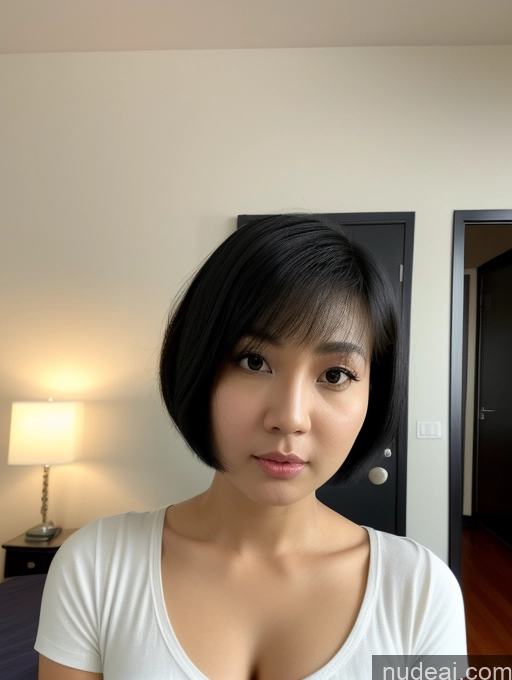 related ai porn images free for Woman Two Beautiful Black Hair Short Hair Indonesian Cleavage 20s Shocked Front View Bedroom Shirt