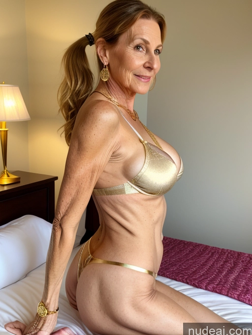 ai nude image of blond woman in a gold bikini sitting on a bed pics of Milf Busty Small Ass Skinny Perfect Body Pubic Hair 70s Ginger Ponytail Bedroom Bra Jewelry Gold Jewelry