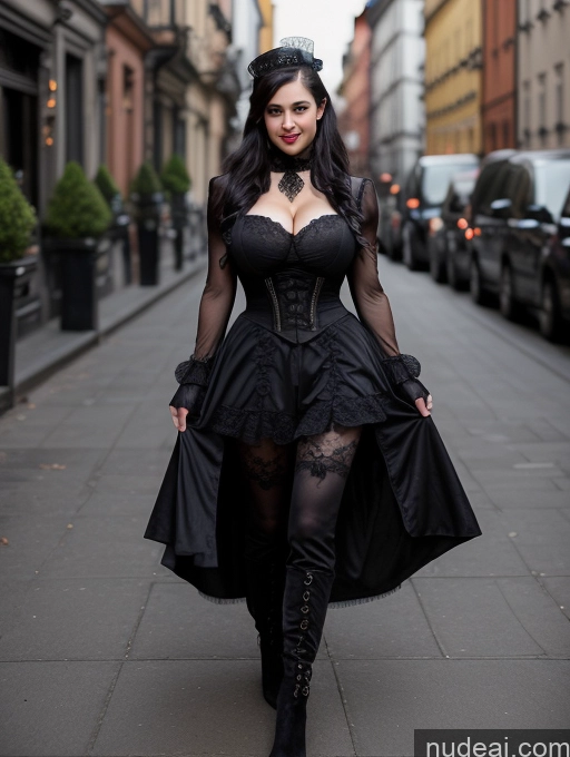 ai nude image of woman in black dress and black boots walking down a street pics of Model Huge Boobs Muscular Big Ass Abs Huge Tits, Hard Nipples 20s Seductive Sexy Face Black Hair Vampire Victorian Dark Lighting Simple Happy Swedish Stockholm Casual Boots Goth Gals V2 Suit