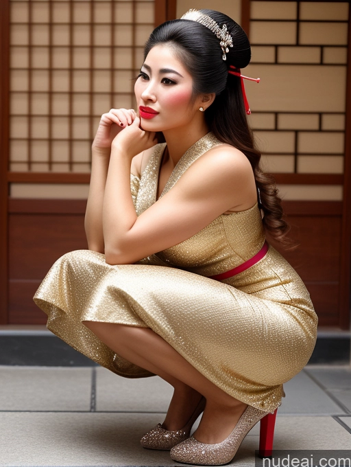 ai nude image of araffe woman in a gold dress crouching down with her hand on her chin pics of Milf Thick Perfect Body Dress High Heels Long Hair Beautiful Lipstick 18 Arabic Ginger Squatting Detailed Skin Detail (beta) Geisha