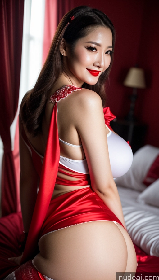 ai nude image of araffed asian woman in red lingerie sitting on a bed pics of Woman Beautiful Lipstick Huge Boobs Big Ass Long Legs Fairer Skin Happy Seductive Slicked Korean Devil Nightgown Stockings Bright Lighting 30s Close-up View