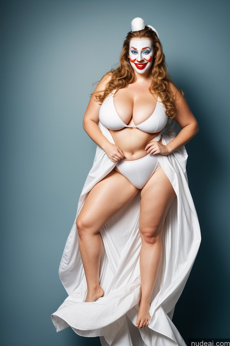 ai nude image of arafed woman in a white dress and clown makeup posing pics of Chubby Tall Fairer Skin 30s Happy Brunette Long Hair Scandinavian Front View Huge Boobs Clown