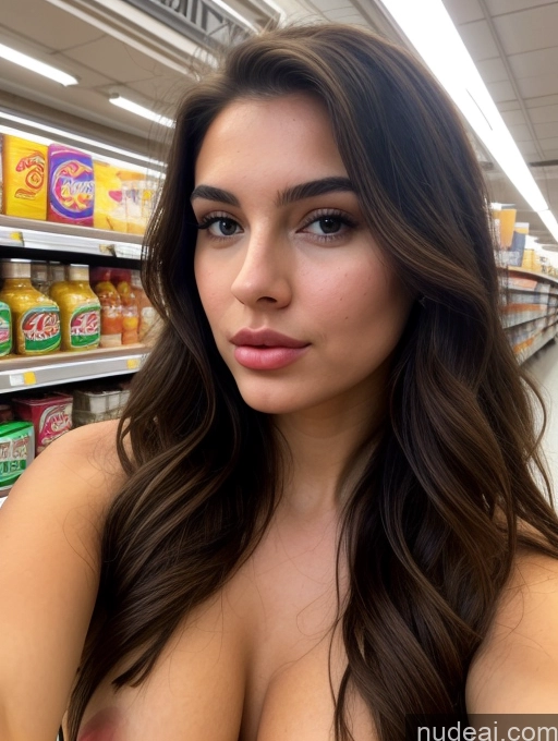 ai nude image of arafed woman with big breast posing in a grocery store pics of Woman Two Perfect Boobs Beautiful Big Ass Perfect Body 18 White Long Hair Brunette Sexy Face Pouting Lips Mirror Selfie Grocery Spreading Legs Front View Nude Bright Lighting