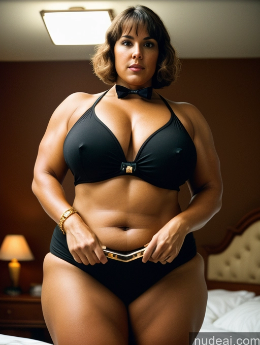 ai nude image of there is a woman in a black bikini posing for a picture pics of Tanned Skin Pubic Hair 60s Brunette Bobcut German Vintage Bedroom Front View Bow Tie Gold Jewelry Dark Lighting Detailed Huge Boobs Chubby Tailcoat Bodybuilder Gaming