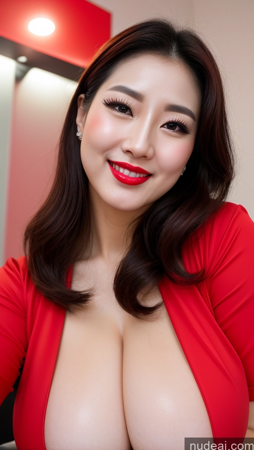 ai nude image of arafed asian woman with big breast posing for a picture pics of Woman Beautiful Lipstick Huge Boobs Fairer Skin 30s Happy Sexy Face Seductive Slicked Korean Close-up View Devil Bright Lighting