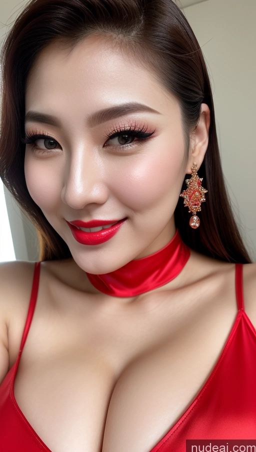 ai nude image of araffed asian woman in red dress posing for a picture pics of Woman Beautiful Lipstick Huge Boobs Fairer Skin 30s Happy Sexy Face Seductive Slicked Korean Close-up View Devil Bright Lighting