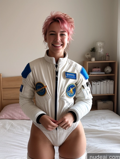 ai nude image of arafed woman in a white space suit posing on a bed pics of Woman Small Tits Skinny Perfect Body 18 Happy Orgasm Pink Hair Messy French Bedroom Front View Spreading Legs Detailed Space Suit