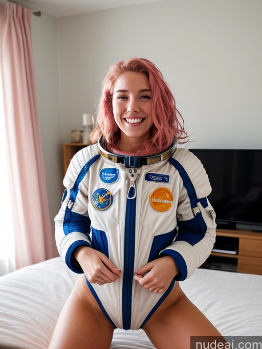 ai nude image of arafed woman in a space suit sitting on a bed pics of Woman Small Tits Skinny Perfect Body 18 Happy Orgasm Pink Hair Messy French Bedroom Front View Spreading Legs Detailed Space Suit