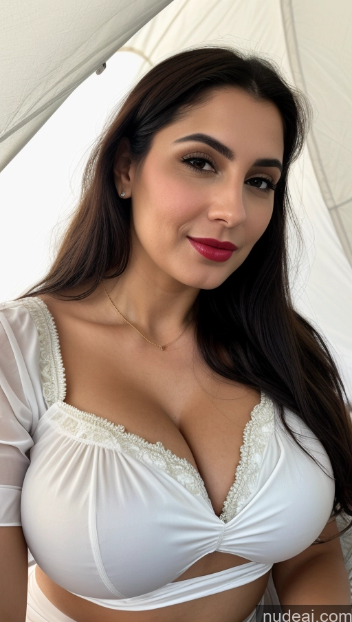 ai nude image of araffed woman in white bra top and panties under an umbrella pics of Woman One Huge Boobs Beautiful Lipstick Fairer Skin Black Hair Slicked White Tent Close-up View Sari Blouse Cleavage Detailed