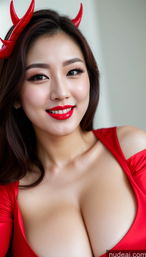 ai nude image of araffed asian woman in red dress with horns and red lipstick pics of Woman Huge Boobs Beautiful Lipstick Fairer Skin 30s Happy Seductive Slicked Korean Close-up View Devil Bright Lighting Sexy Face