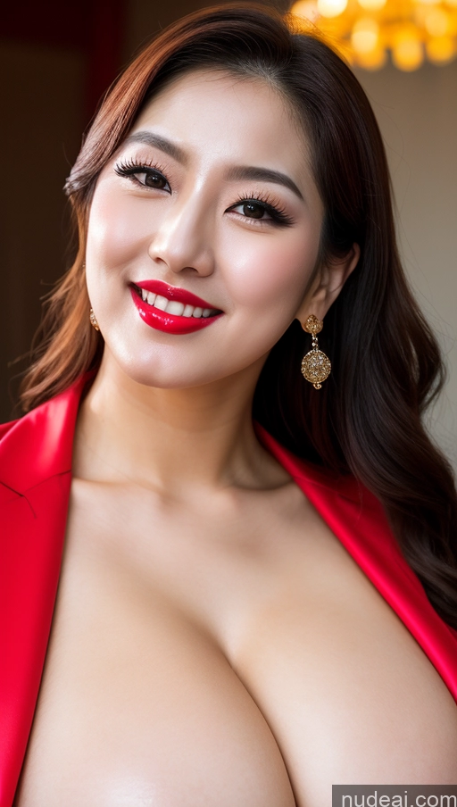 ai nude image of arafed asian woman with big breast posing for a picture pics of Woman Huge Boobs Beautiful Lipstick Fairer Skin 30s Happy Seductive Slicked Korean Close-up View Devil Bright Lighting Sexy Face