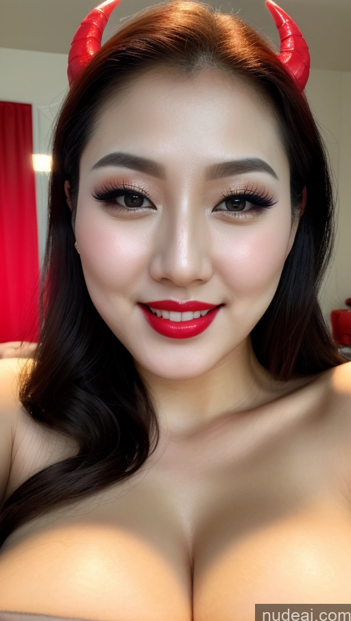 ai nude image of araffed asian woman with red horns and a red lip pics of Woman Huge Boobs Beautiful Lipstick Fairer Skin 30s Happy Seductive Slicked Korean Close-up View Devil Bright Lighting Sexy Face