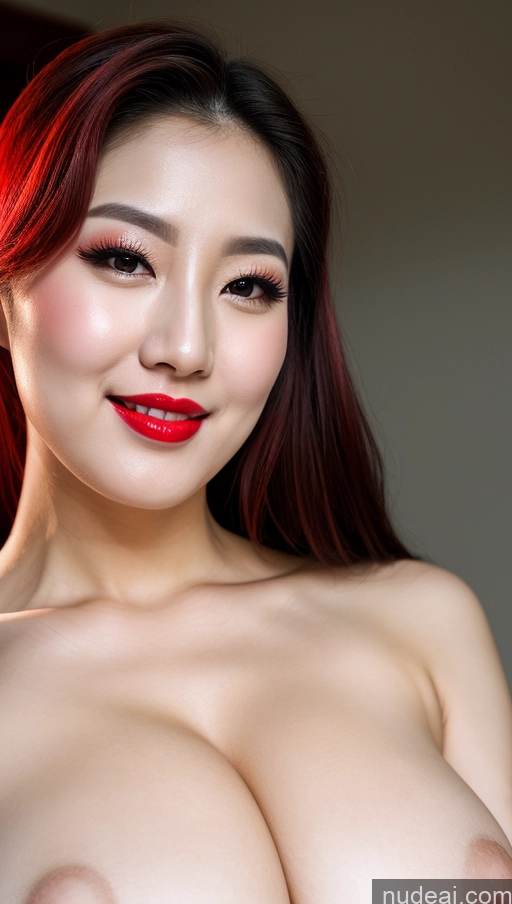 ai nude image of arafed asian woman with red hair and big breast posing for a picture pics of Woman Huge Boobs Beautiful Lipstick Fairer Skin 30s Happy Seductive Slicked Korean Close-up View Devil Bright Lighting Sexy Face