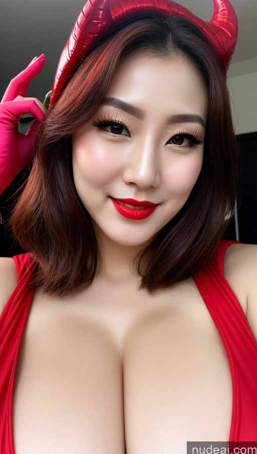 ai nude image of araffed asian woman in red dress with horns and red gloves pics of Woman Huge Boobs Beautiful Lipstick Fairer Skin 30s Happy Seductive Slicked Korean Close-up View Devil Bright Lighting Sexy Face