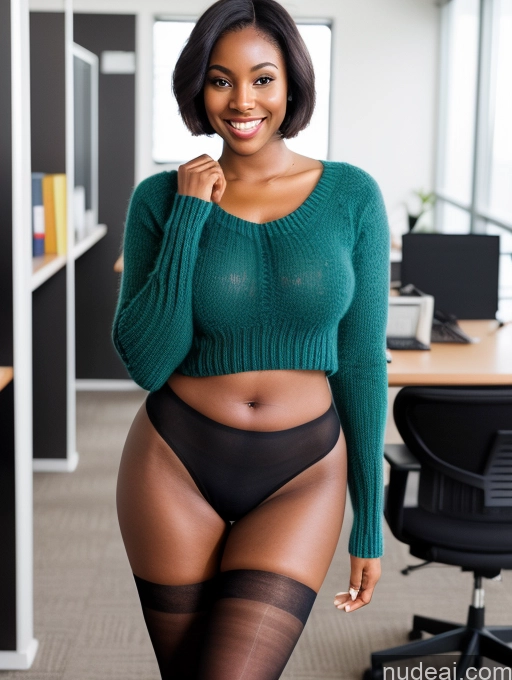 ai nude image of there is a woman in a green sweater and black panties posing for a picture pics of Model Perfect Body Pubic Hair Big Hips Beautiful Busty Skinny 20s Happy Sexy Face Black Hair Bobcut African Thigh Socks Nude Office Sweater