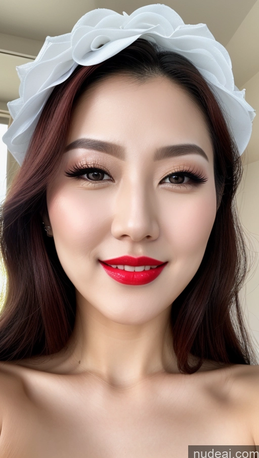 ai nude image of arafed asian woman with red lips and a white headband pics of Woman Huge Boobs Beautiful Lipstick Fairer Skin 30s Happy Seductive Slicked Korean Close-up View Devil Wedding Bright Lighting Sexy Face