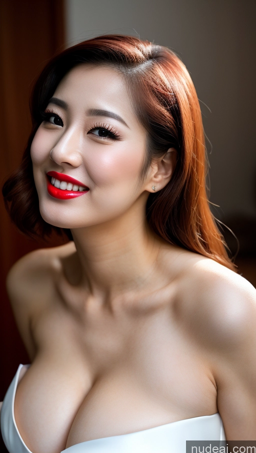 ai nude image of arafed asian woman with red lips and a white dress pics of Woman Huge Boobs Beautiful Lipstick Fairer Skin 30s Happy Seductive Slicked Korean Close-up View Devil Wedding Bright Lighting Sexy Face