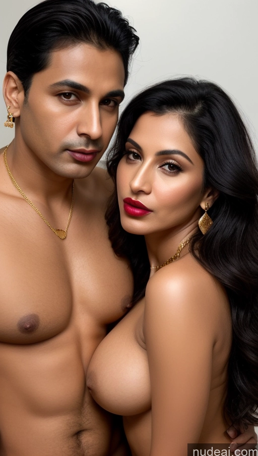 ai nude image of arafed man and woman posing naked in a studio pics of Indian Gold Jewelry Front View Black Hair Busty Big Ass Beautiful Lipstick Big Hips Perfect Boobs Perfect Body Nude Pouting Lips Woman + Man 40s Two Fairer Skin