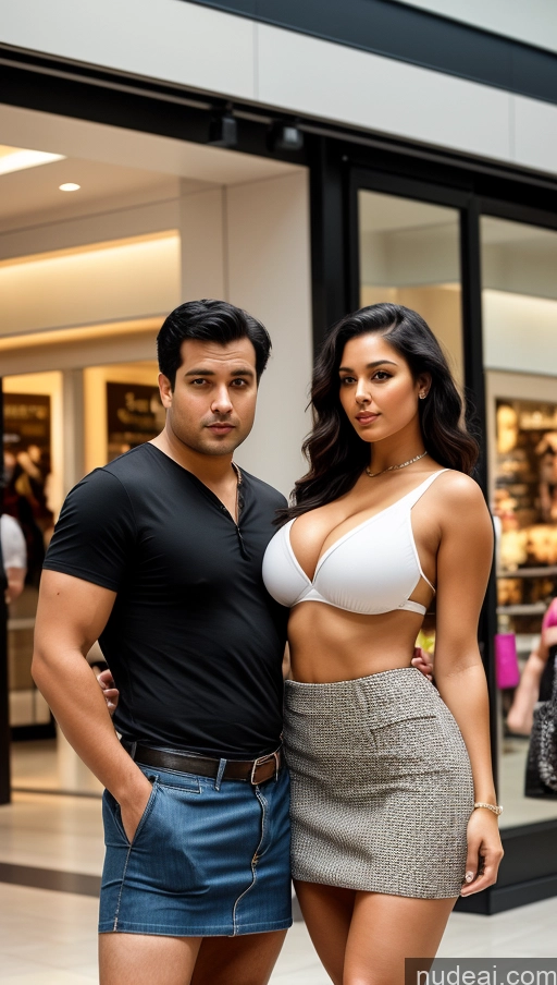 ai nude image of araffes and a man standing next to each other in a mall pics of Busty Beautiful Big Ass Thick Big Hips Perfect Body 20s Serious Black Hair Mall Mini Skirt High Heels Woman + Man