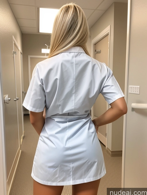 ai nude image of arafed woman in a short white dress is standing in a hallway pics of Bimbo Two Huge Boobs Perfect Boobs Beautiful Big Ass Thick 18 Korean Hospital Back View Lab Coat Nurse