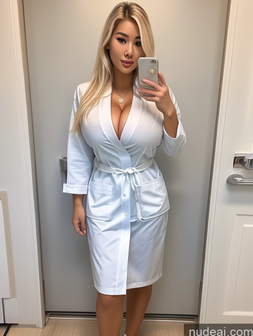 ai nude image of araffe woman in a white robe taking a selfie in a mirror pics of Bimbo Two Huge Boobs Perfect Boobs Beautiful Big Ass Thick 18 Korean Hospital Lab Coat Nurse Front View