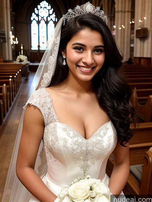 ai nude image of bride in a wedding dress holding a bouquet of flowers in a church pics of 18 Beautiful Skinny Laughing Happy Indian Black Hair Wedding Cleavage Church Front View Long Hair