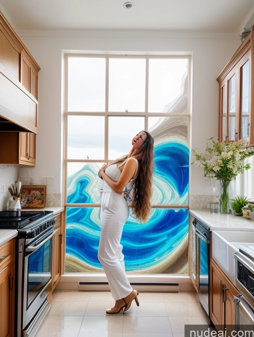 ai nude image of arafed woman in white pants standing in a kitchen with a large window pics of Woman One Huge Boobs Beautiful Big Ass Skinny Perfect Body Fairer Skin 30s Happy Blonde Long Hair White Surrealist Kitchen Front View Jumpsuit Jewelry