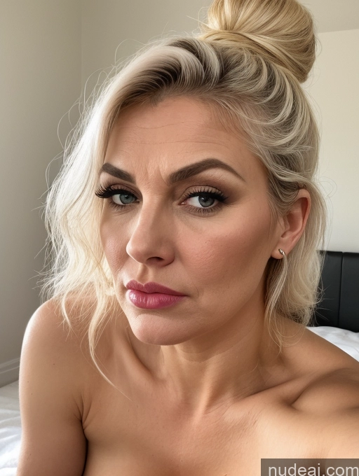 ai nude image of blond woman with a messy bun on her head and a pink lipstick pics of Milf Perfect Boobs Beautiful Big Ass Perfect Body Fairer Skin Shocked Pouting Lips Angry Soft + Warm Bedroom Bright Lighting Detailed Big Hips Close-up View Hair Bun Busty 60s White Hair On Back