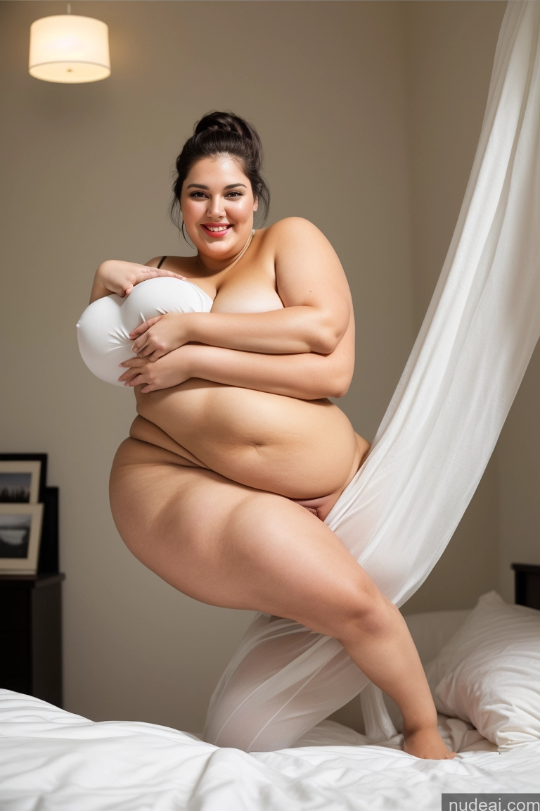 ai nude image of araffe woman in white underwear posing on a bed with a white sheet pics of Huge Boobs Lipstick Big Ass Chubby Big Hips Fairer Skin 18 Happy Black Hair Ponytail Persian Bedroom